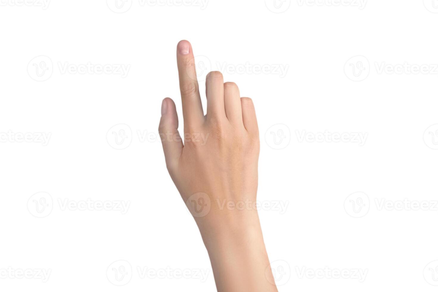 Woman's hand with outstretched index finger. Indicates, pokes, smears, touches. Isolated on white background photo