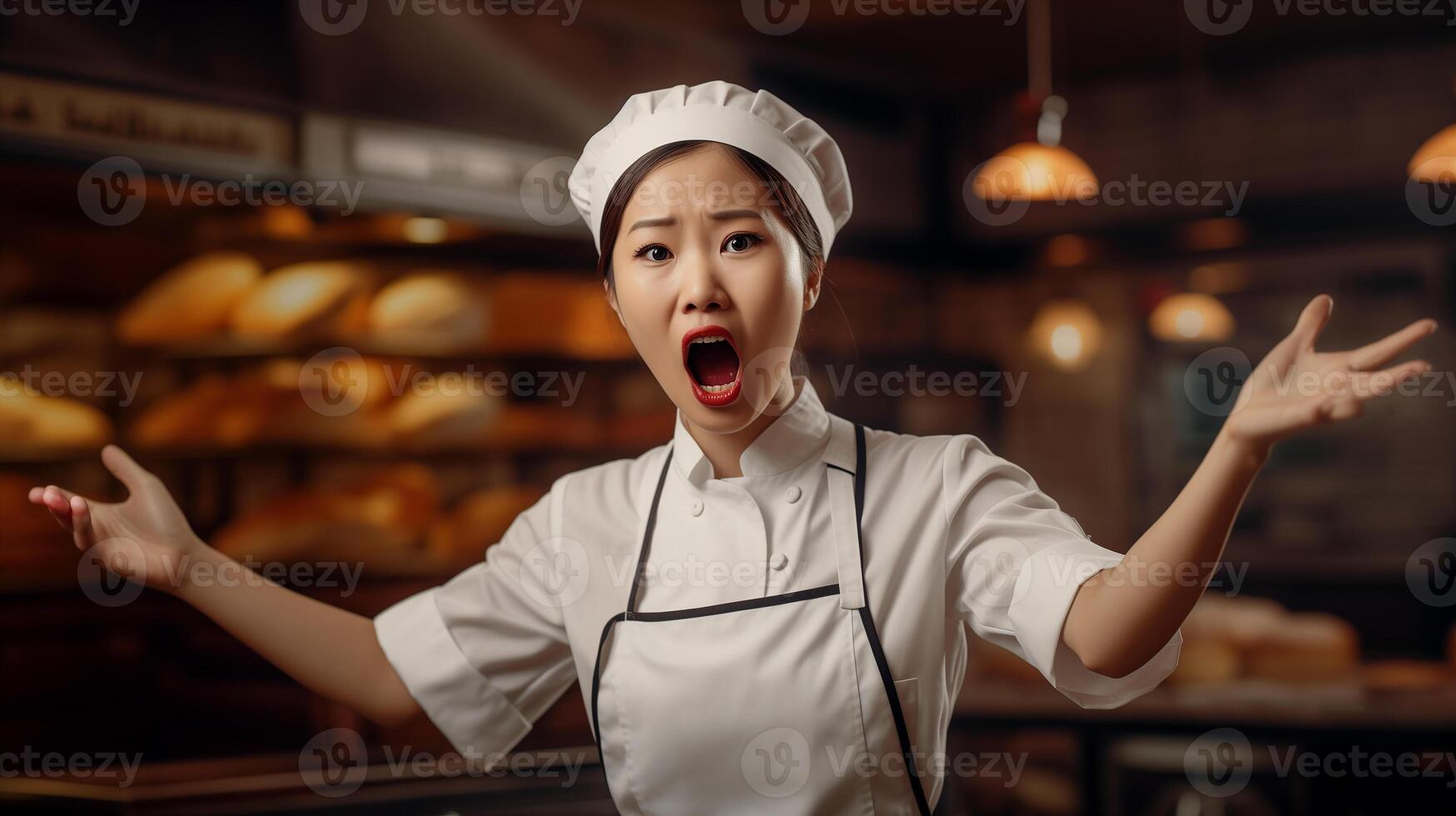 Portrait of an angry screaming Asian woman chef cook in the kitchen. photo