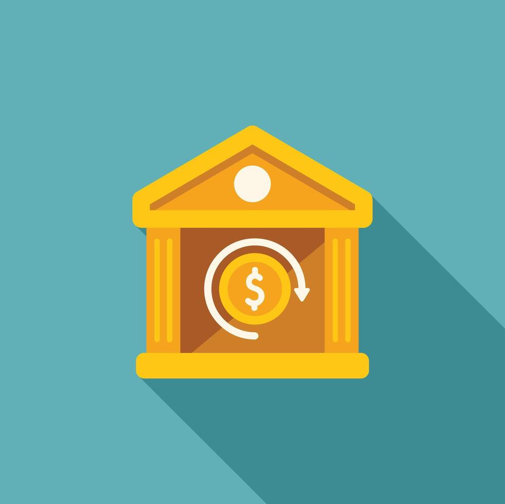 Bank building facade showing rotating dollar coin money transaction concept vector