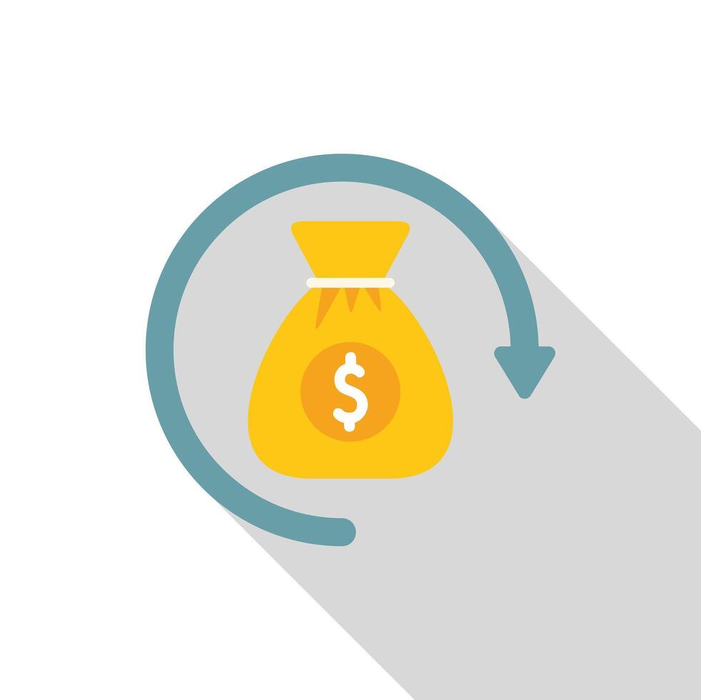 Money bag rotating inside circular arrow indicating cash flow vector