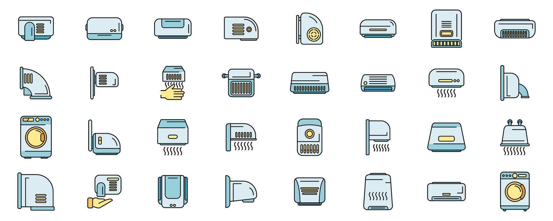 Automatic drying machine icons set vector color line