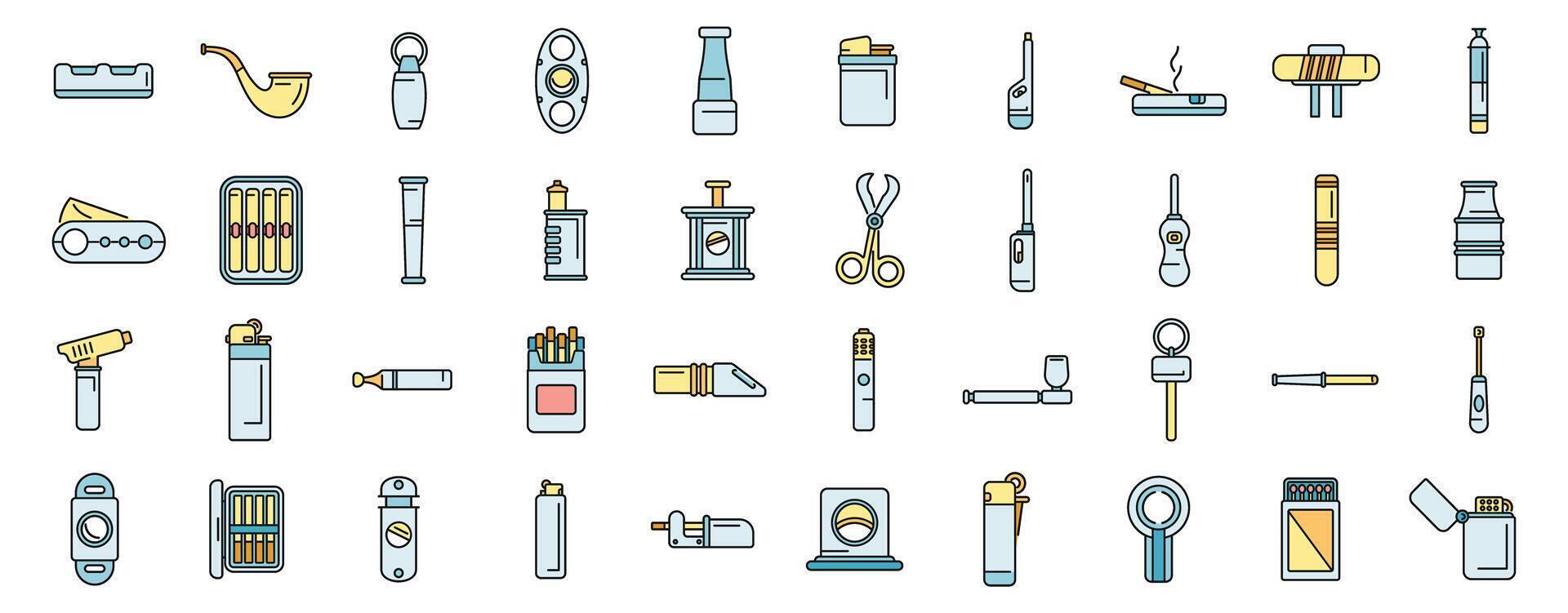 Cigarette and cigar accessories icons set vector color line