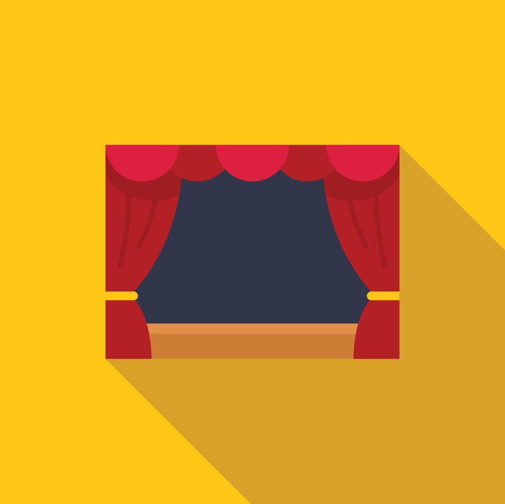 Red stage curtain with golden tassels framing empty stage with yellow background vector