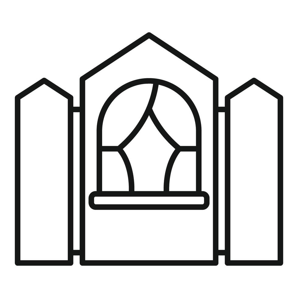 Small medieval window with curtains is behind a wooden fence vector