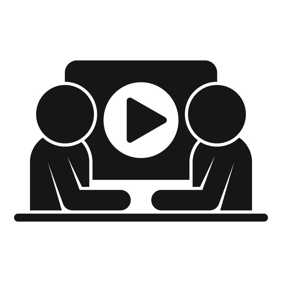 Two business people watching video tutorial during business meeting vector
