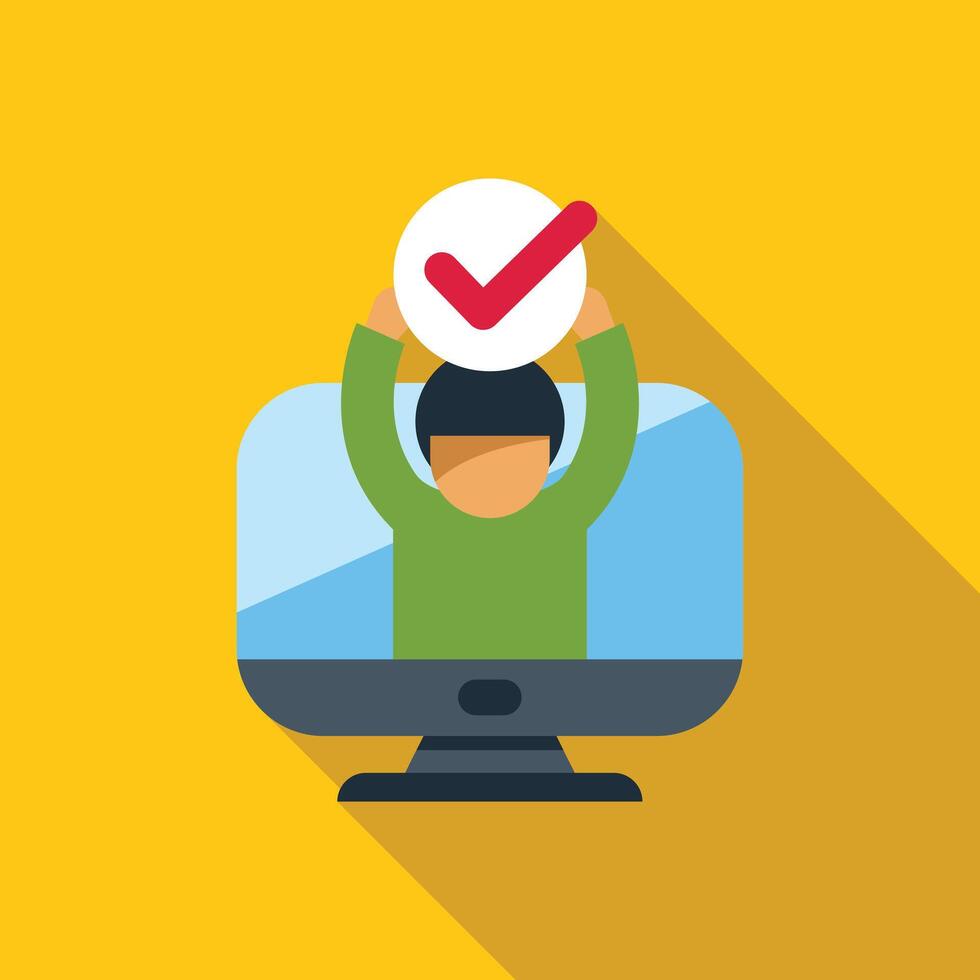 Person holding checkmark inside desktop computer screen vector