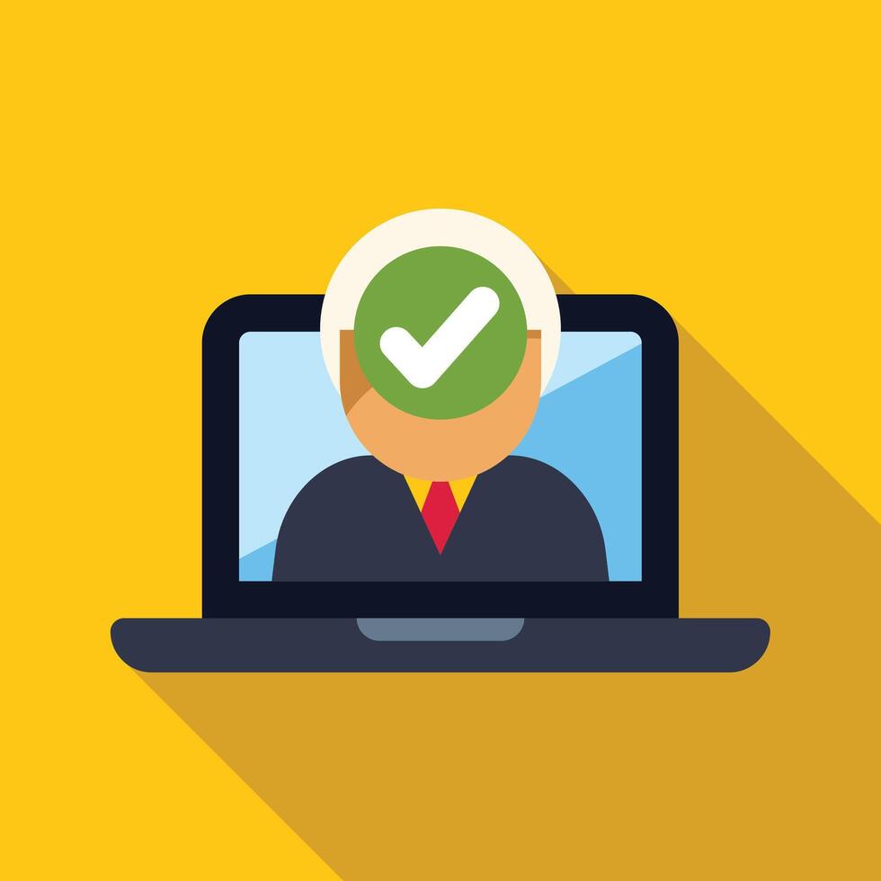 Businessman successfully passing online verification process on laptop vector