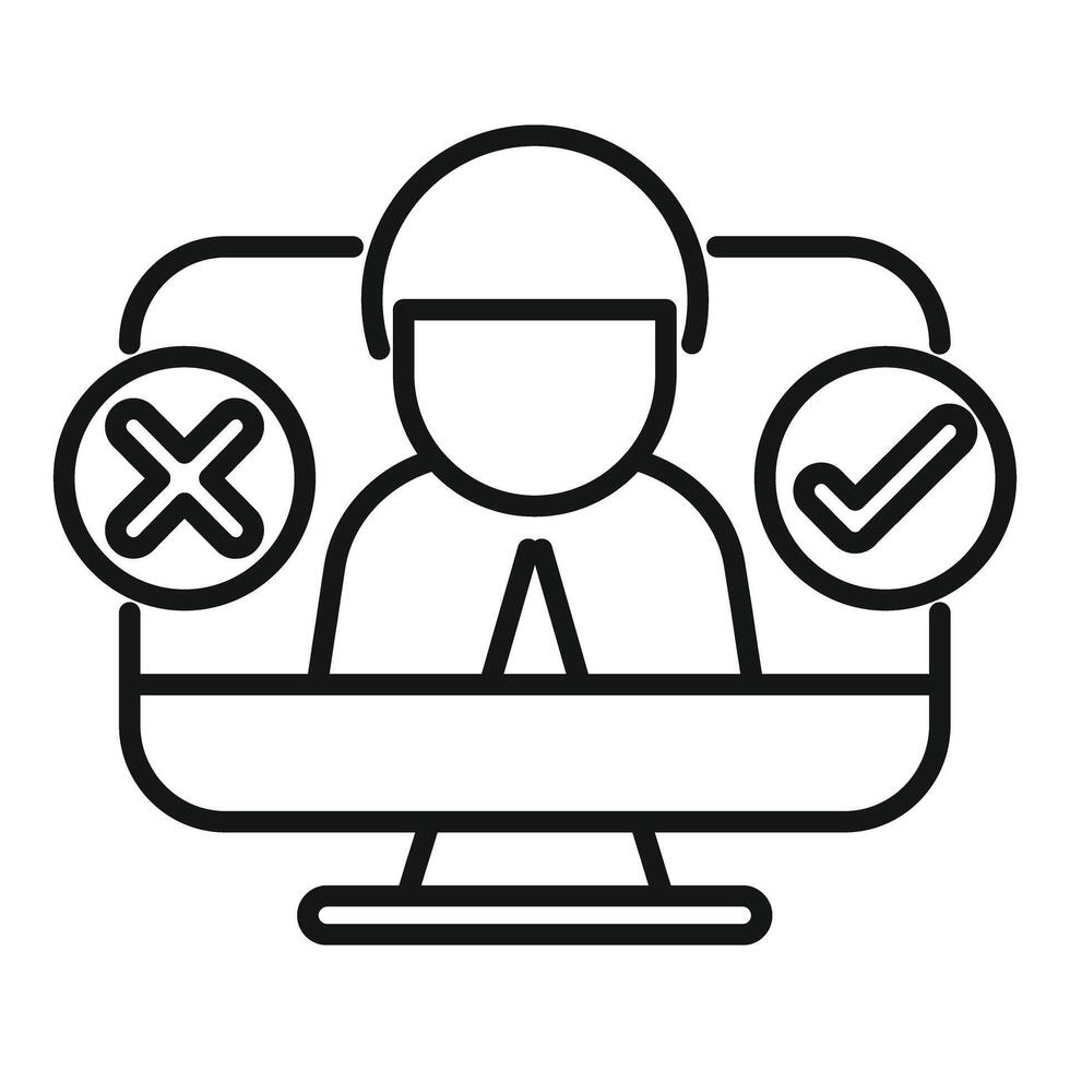 Customer service representative deciding between checkmark and crossmark icons on computer screen vector