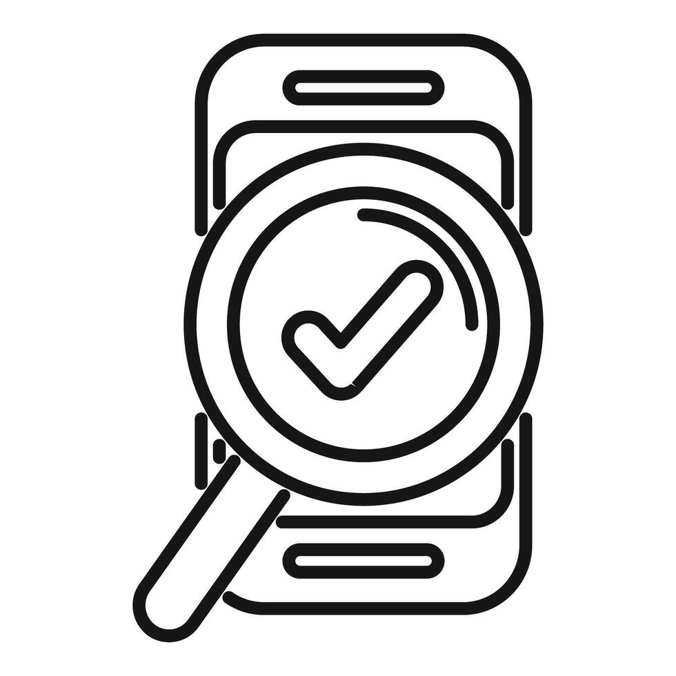 Magnifying glass hovering over smartphone displaying check mark icon symbolizing mobile phone verification vector