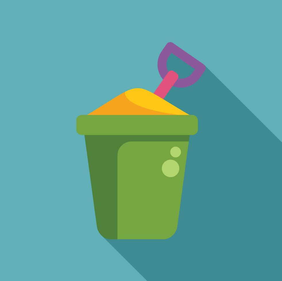 Green bucket filled with sand and a purple shovel for playing on the beach vector