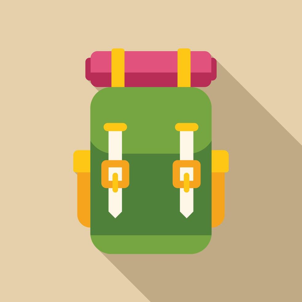 Green backpack with attached sleeping bag for camping trip vector