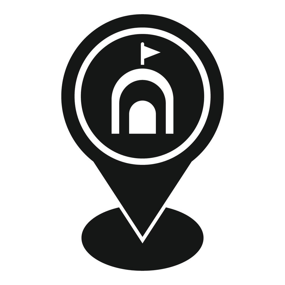 Black glyph map pointer icon showing a castle with a flag vector