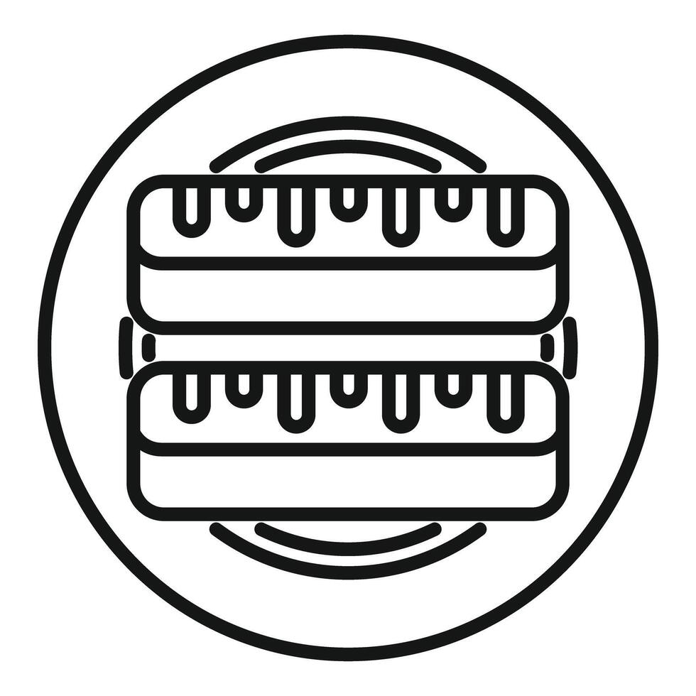 Two layer chocolate cake on plate with drizzled icing minimalist icon vector