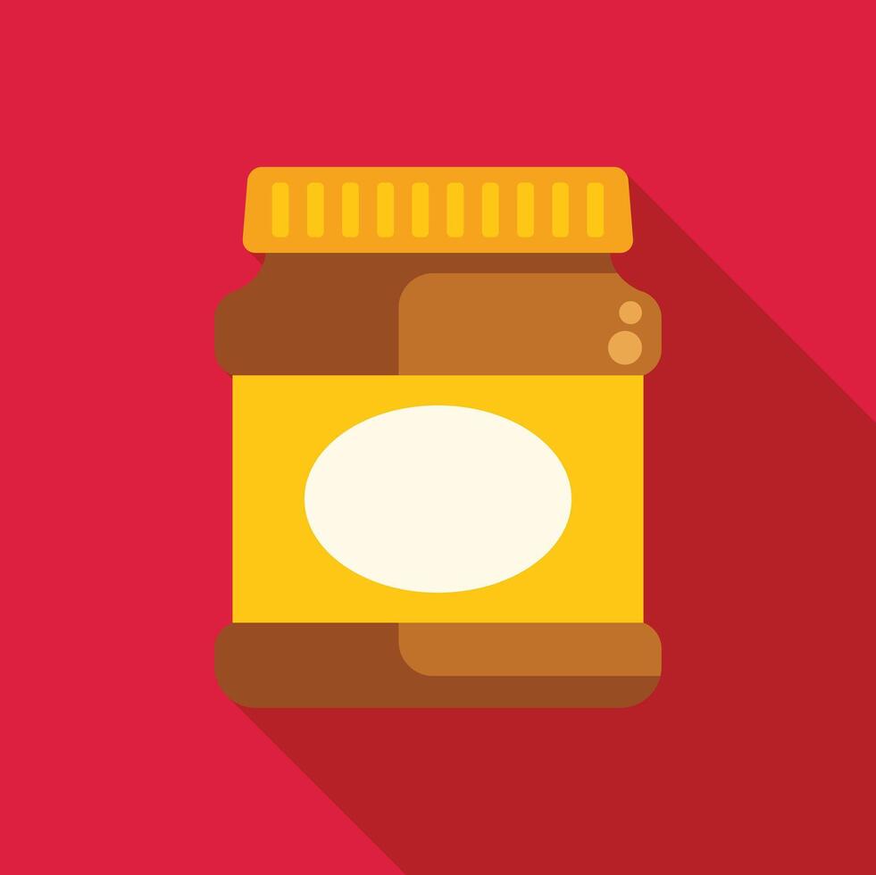 Closed glass jar with yellow label and brown content is standing on red background vector