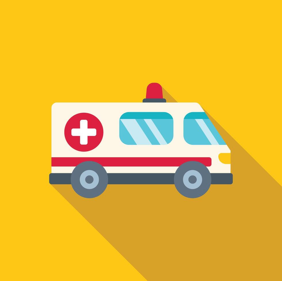 White ambulance car with red cross sign driving on yellow background vector
