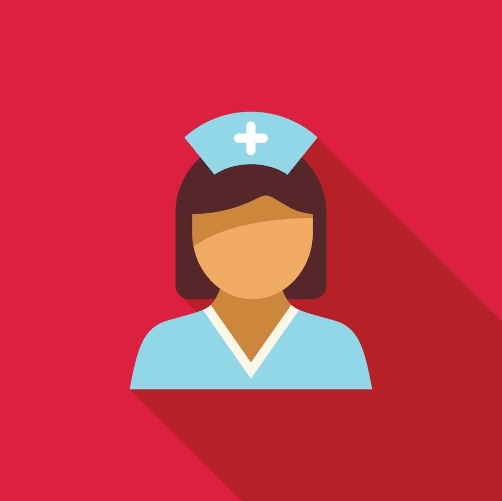 Female nurse wearing blue scrubs and white cap with cross on red background vector