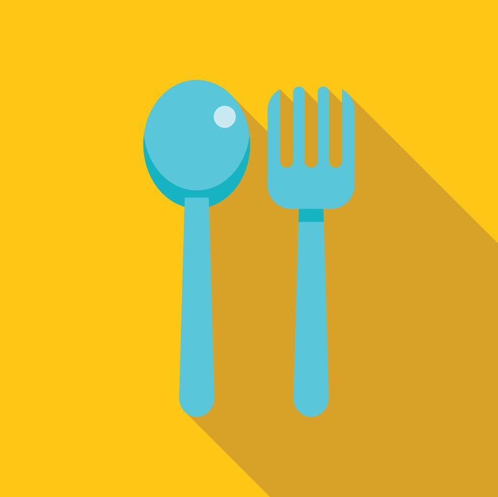 Blue spoon and fork casting long shadow on yellow background vector