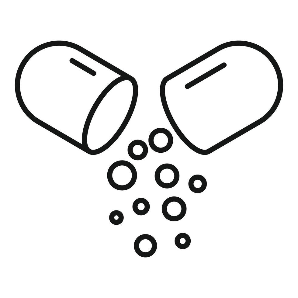Line art icon of an open pill capsule releasing small round particles vector