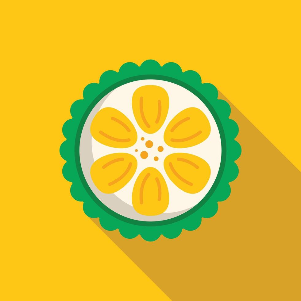 Round yellow lemon slice with green border on yellow background vector