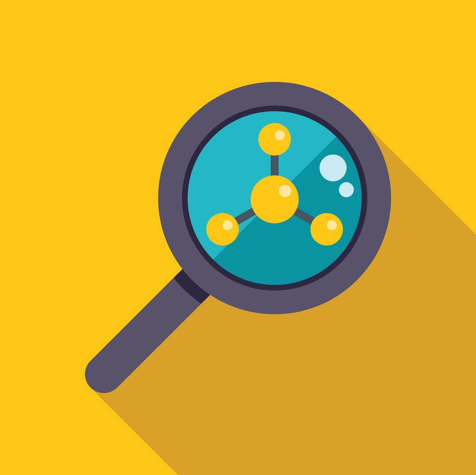 Magnifying glass showing molecule structure, scientific discovery concept vector