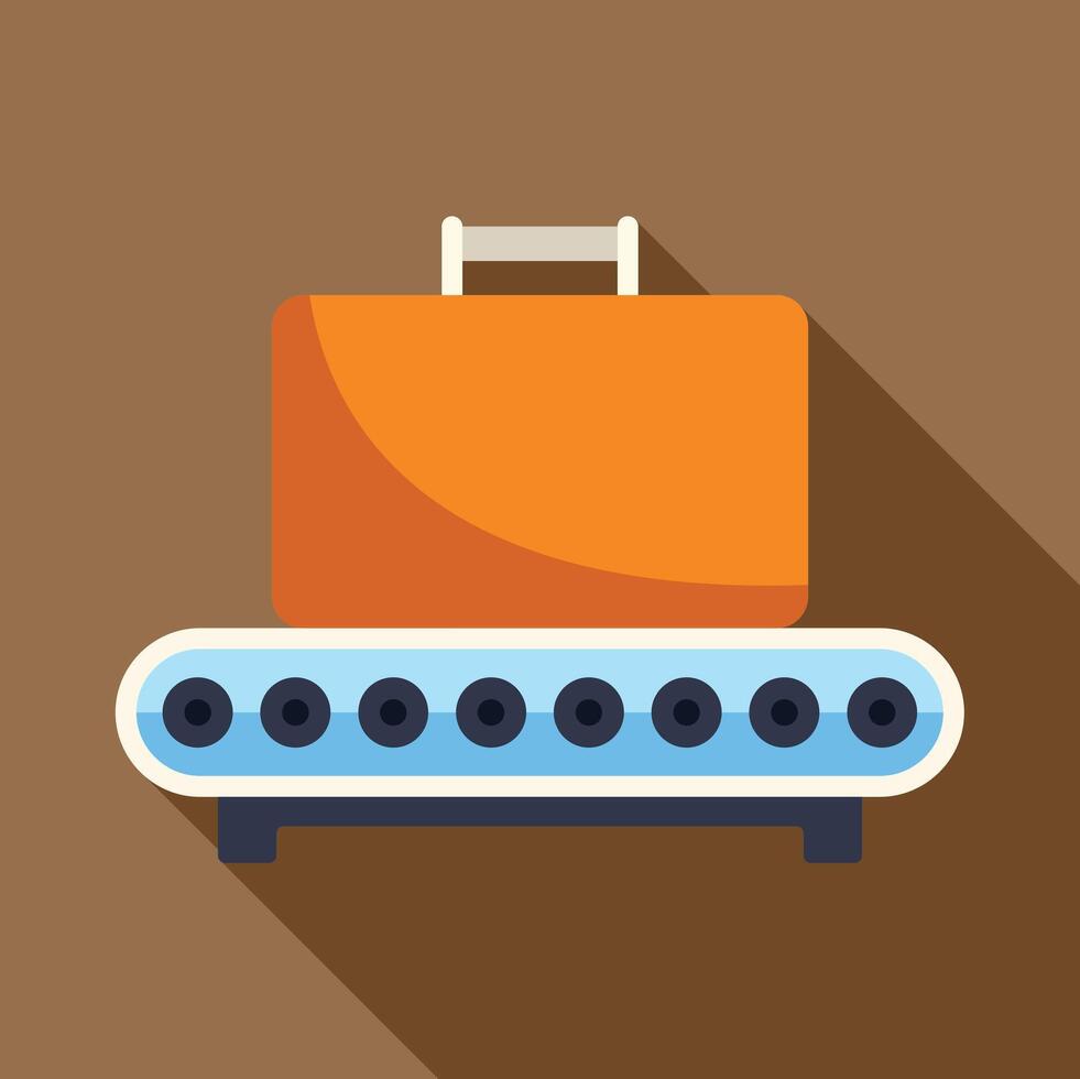 Orange suitcase moving on airport conveyor belt vector