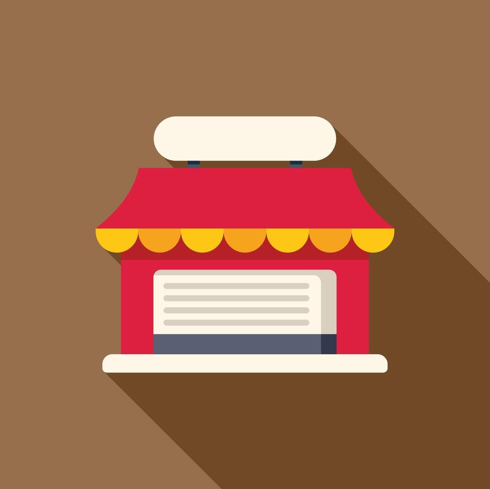 Red shop building with closed shutters having blank signboard on top for customization vector