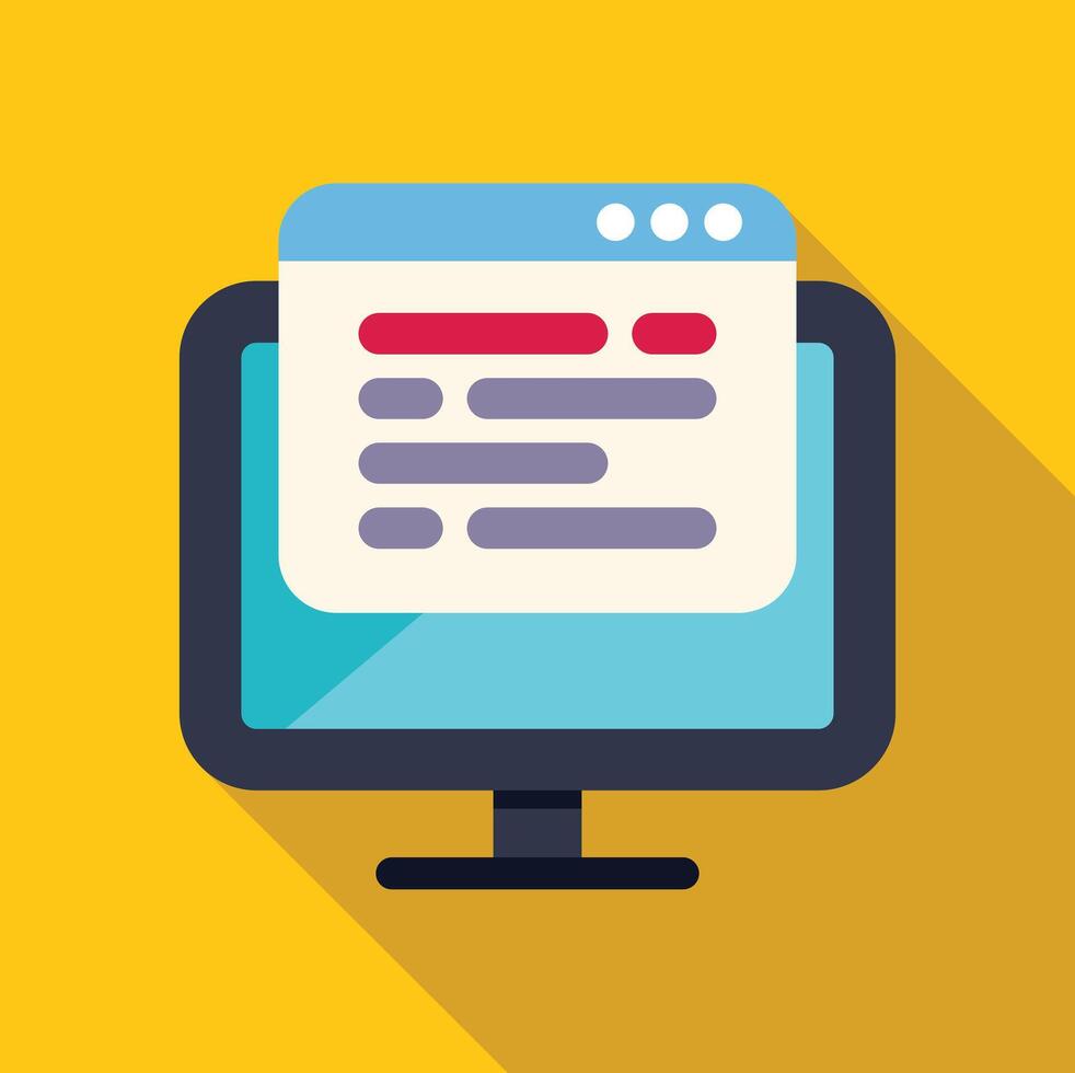Desktop computer displaying website homepage with long shadow vector