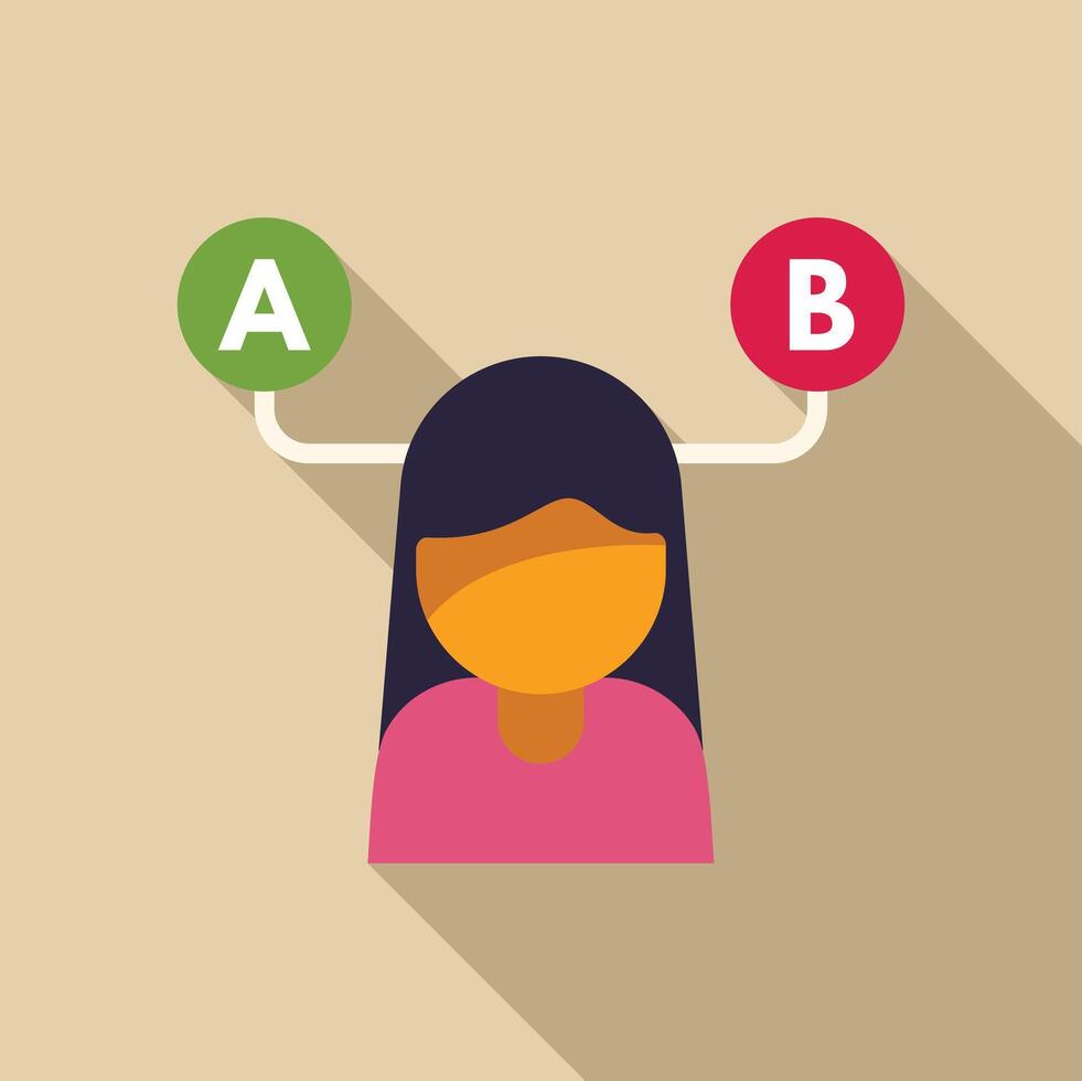 Young woman choosing between option a and option b vector