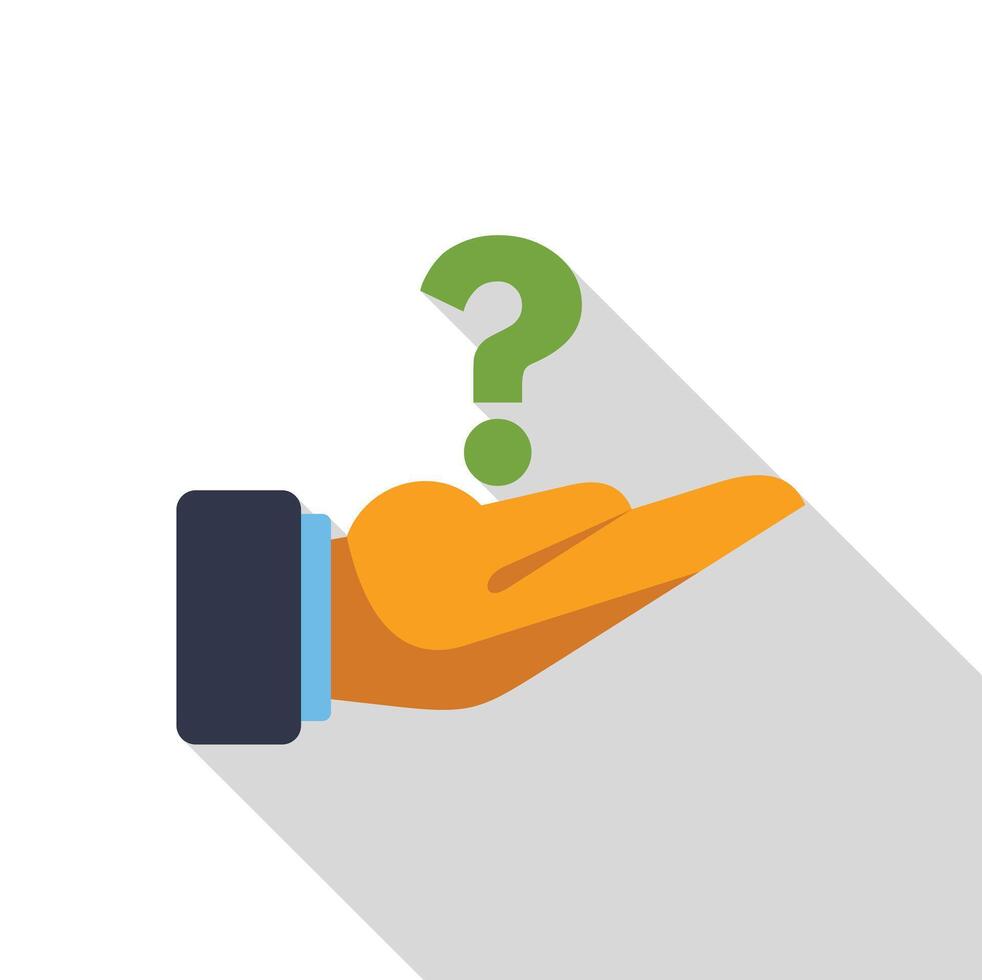 Businessman holding question mark in open hand flat design illustration vector