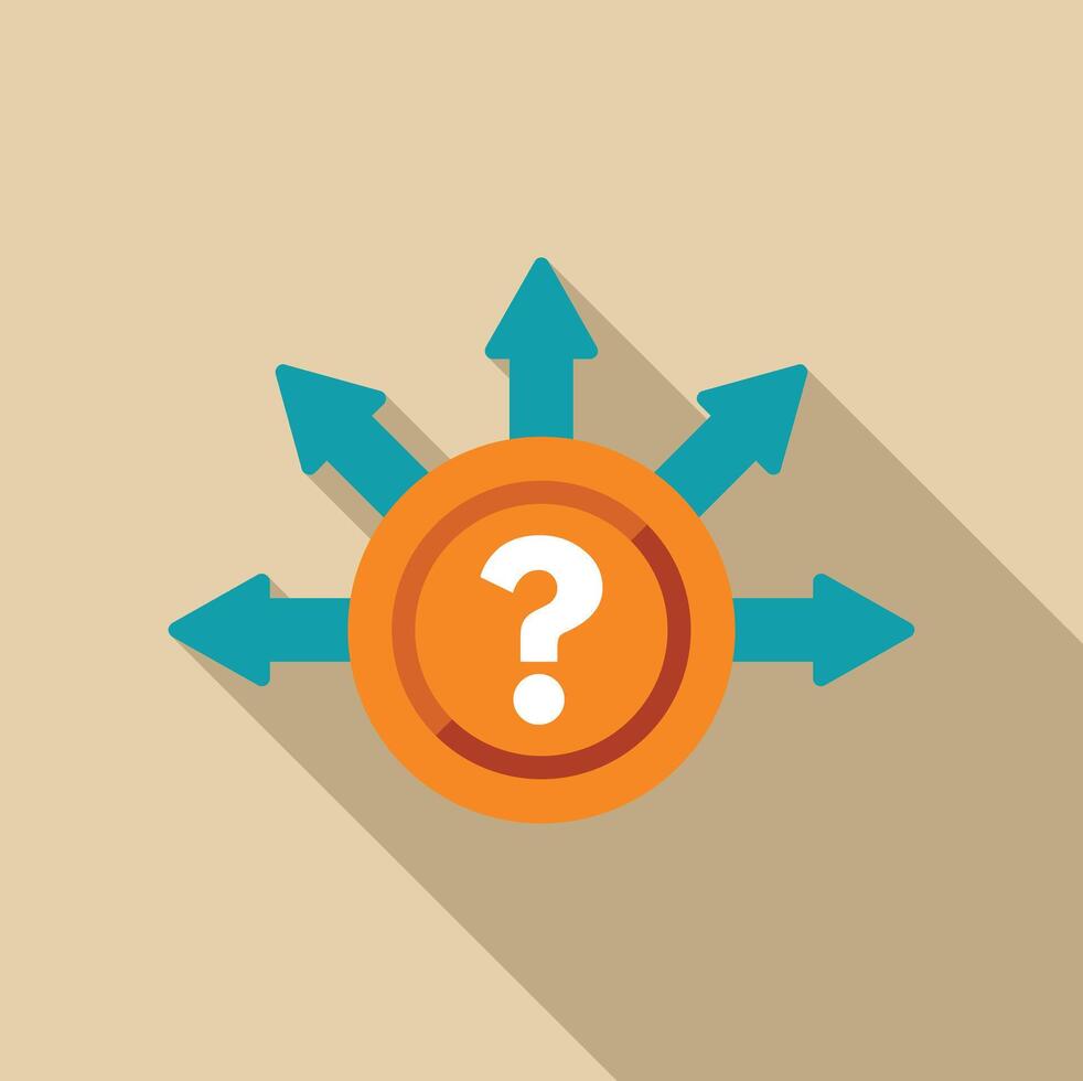 Question mark choosing the right direction with arrows pointing out from center vector