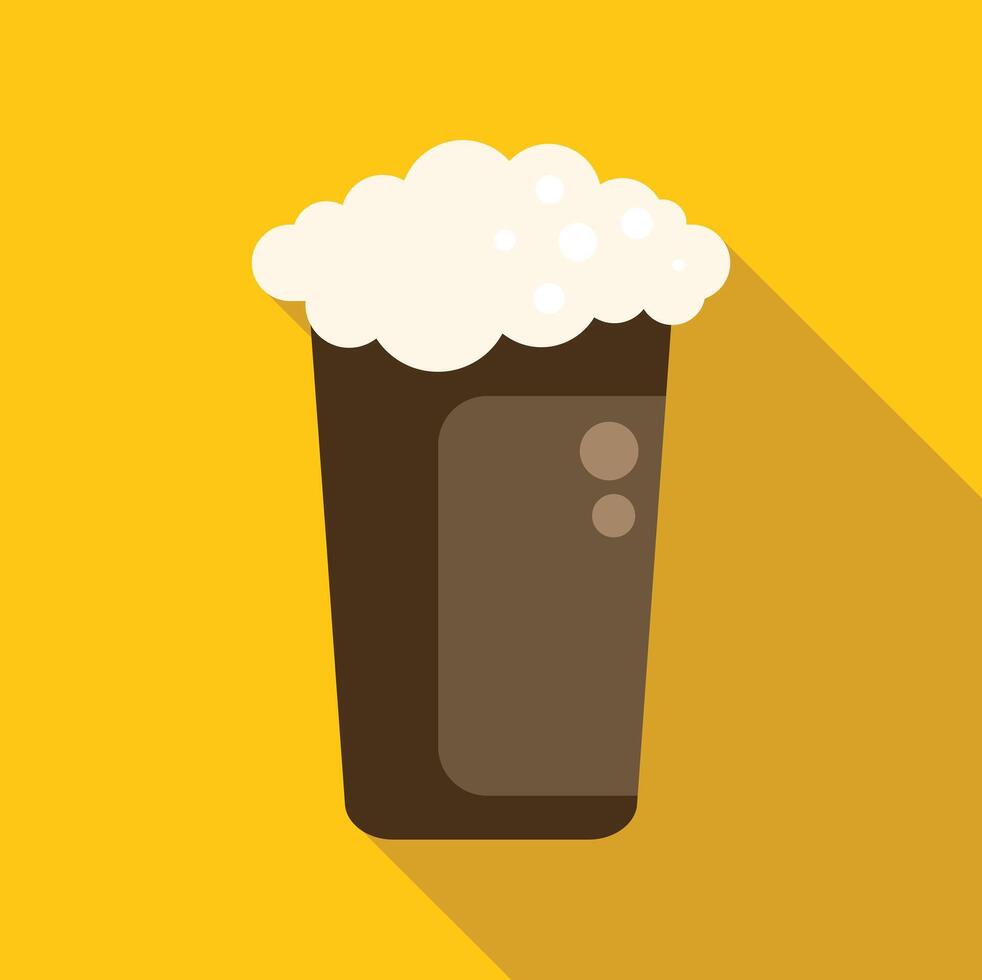Dark beer with foam overflowing glass on yellow background vector