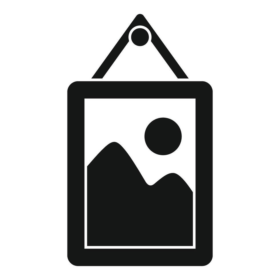 Picture frame hanging on a nail depicting mountains and sun vector