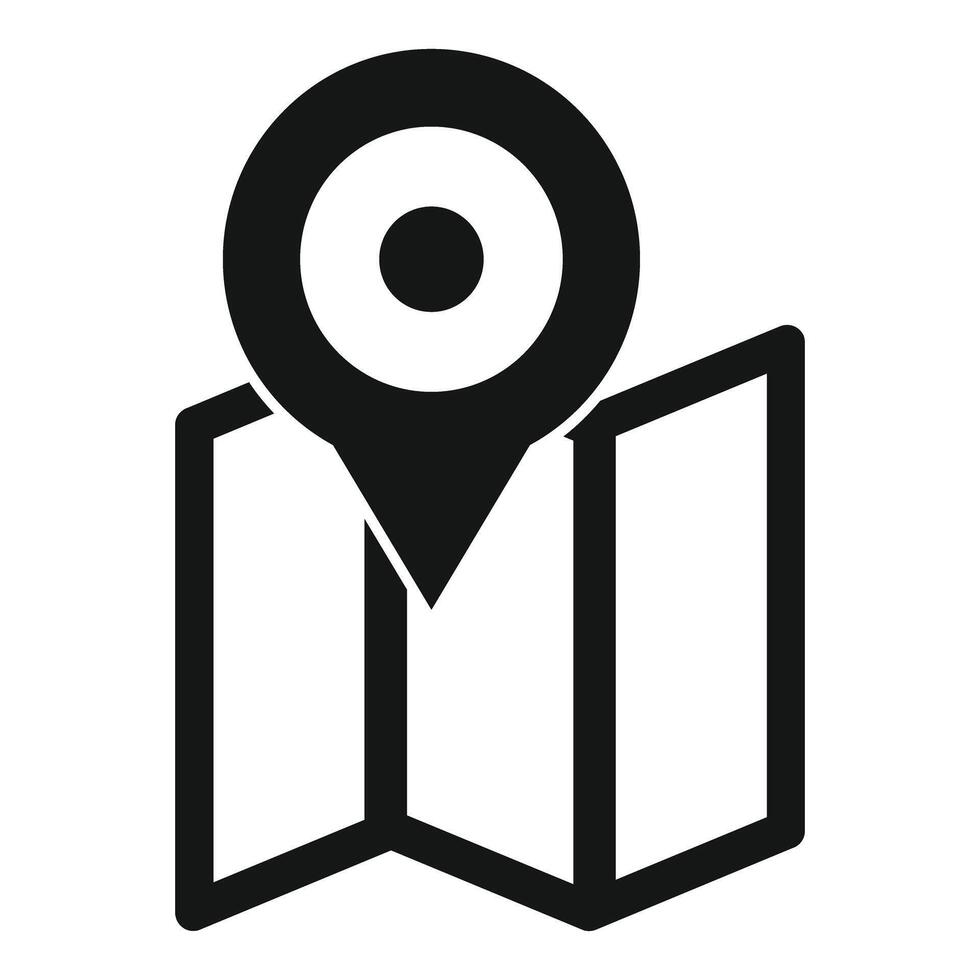 Black location pin icon pointing at folded paper map vector