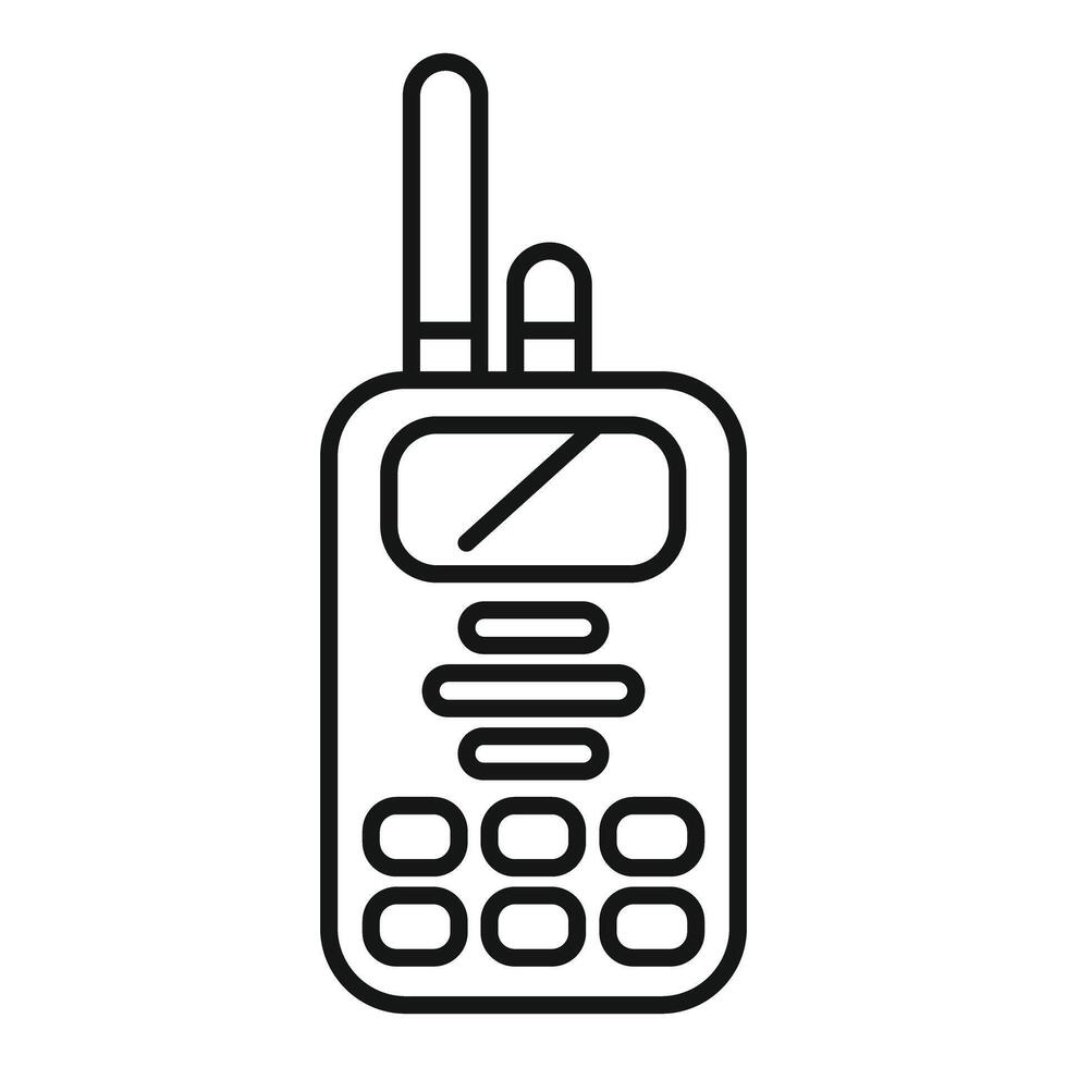 Portable radio transmitter with antenna for communication is drawn in outline style vector