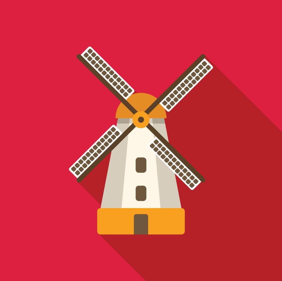 Traditional dutch windmill rotating blades producing energy on red background vector