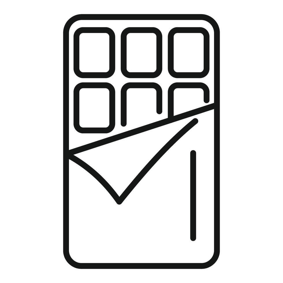 Chocolate bar partially wrapped in foil with visible chocolate squares icon vector