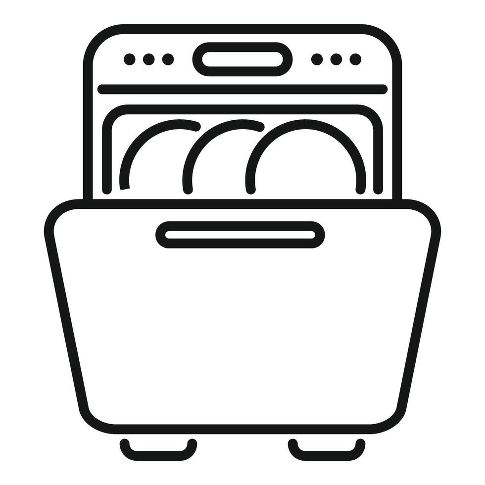 Line drawing of an open dishwasher with clean plates inside vector