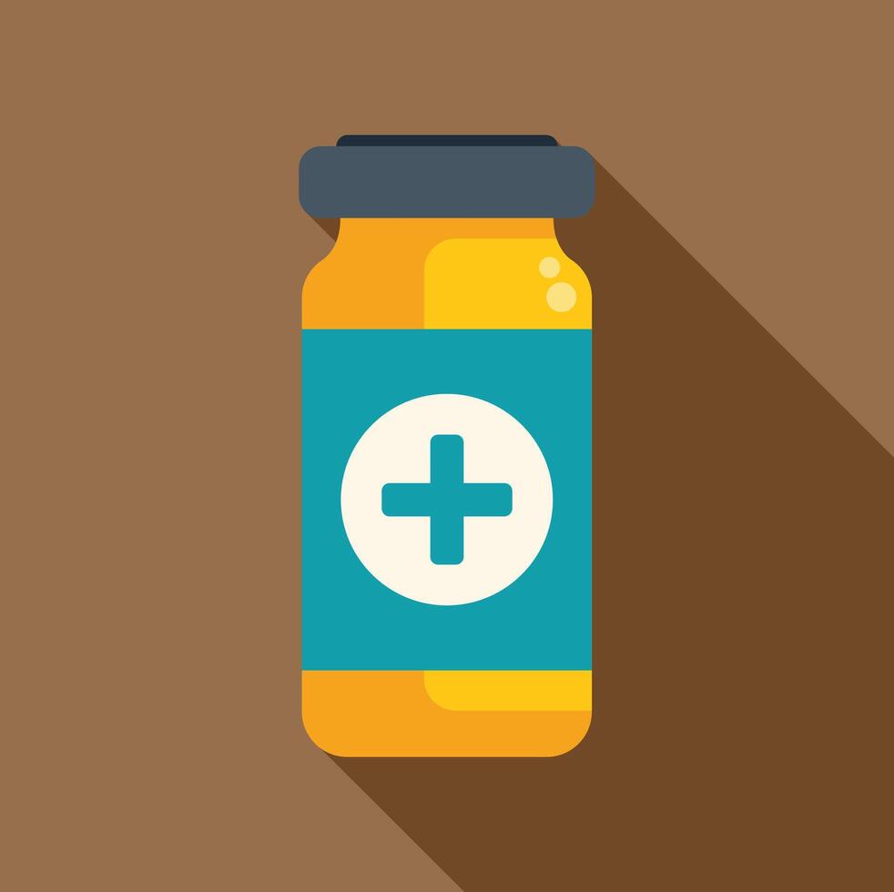 Medical glass vial with aluminum cap containing yellow liquid and showing a white cross on a blue label vector