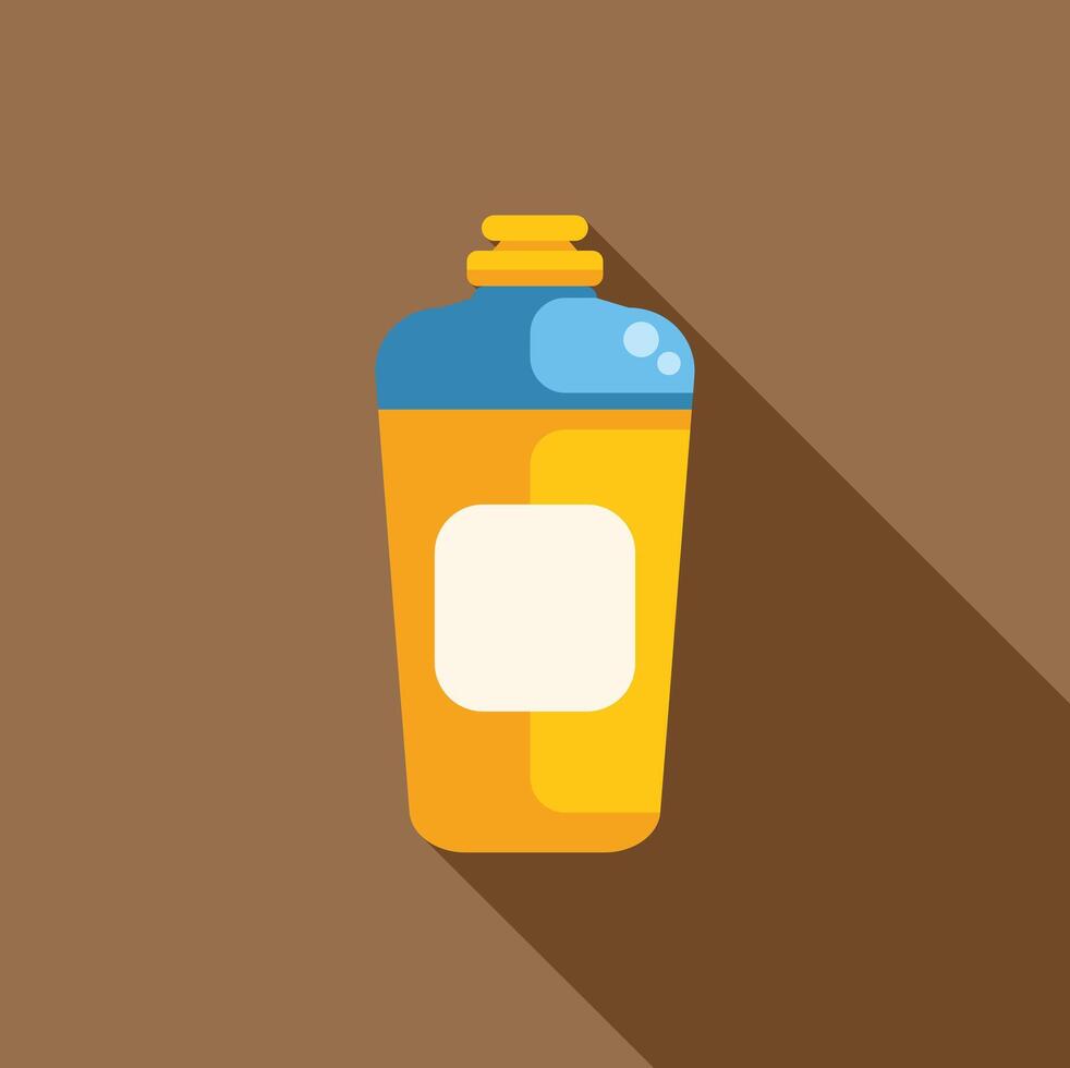 Yellow plastic bottle with blue cap for shampoo or other cosmetics is standing on brown background vector