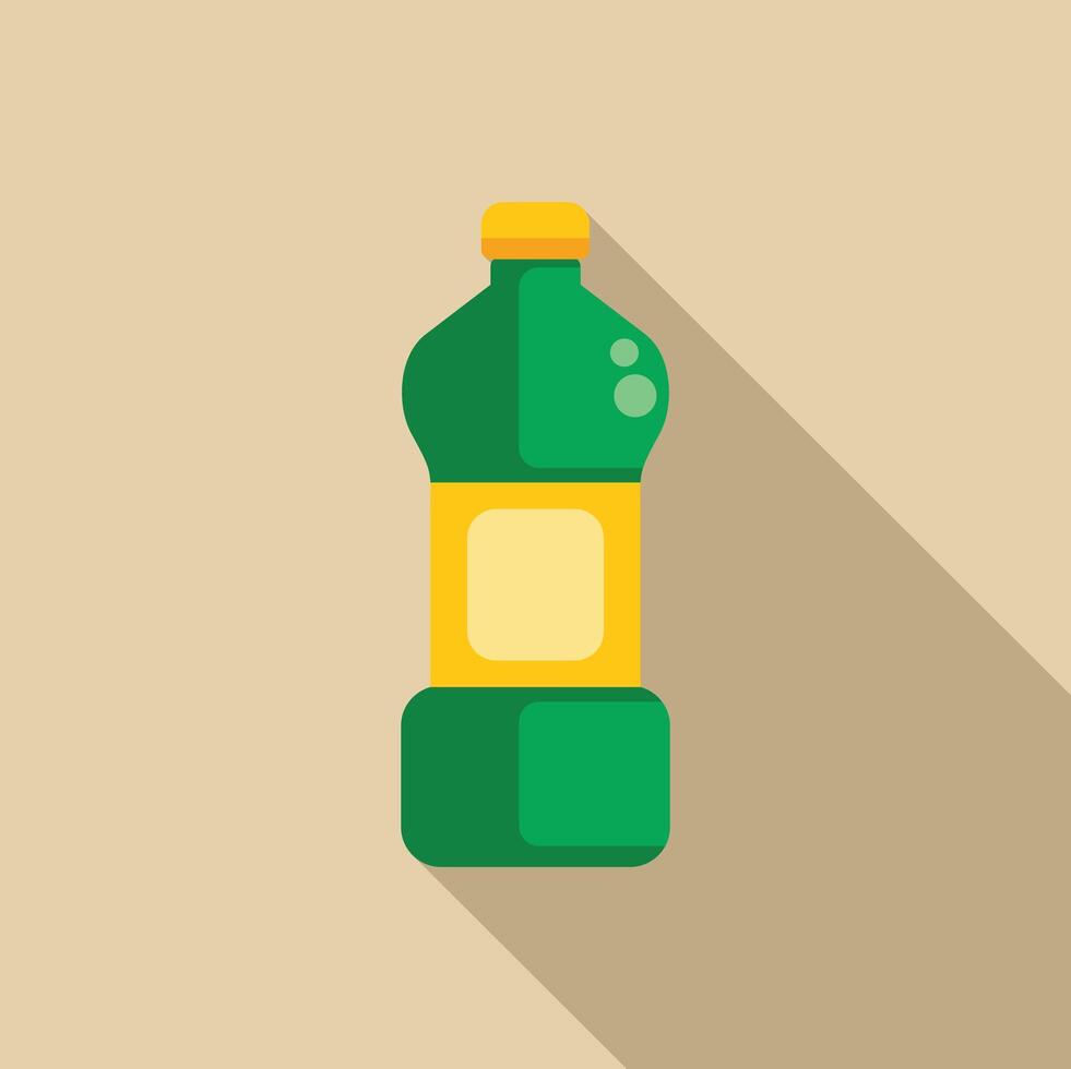 Green plastic bottle with yellow label containing liquid is standing on the table vector