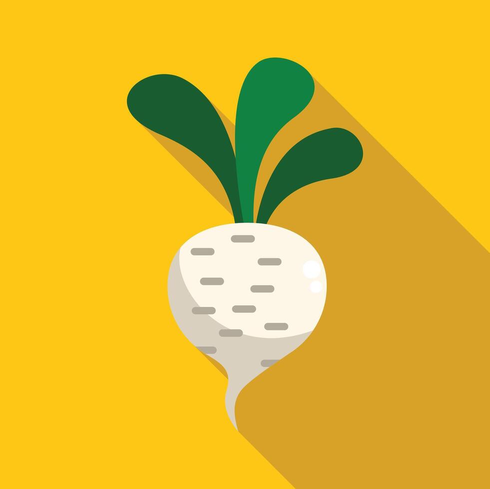White radish with green leaves growing on yellow background vector