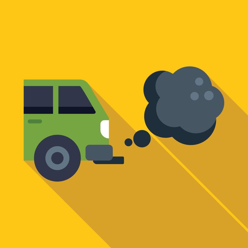 Green minivan emitting exhaust fumes while driving on yellow background vector