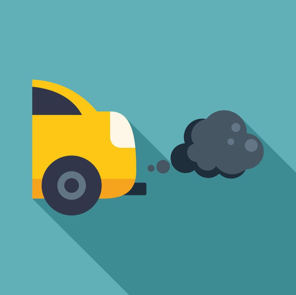 Yellow car emitting exhaust fumes, air pollution concept vector