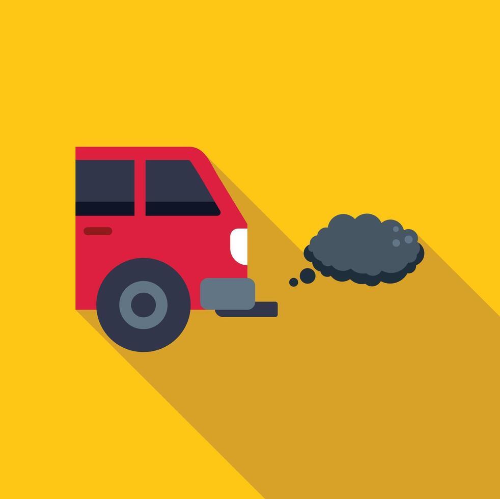 Red car emitting black smoke from exhaust pipe on yellow background vector