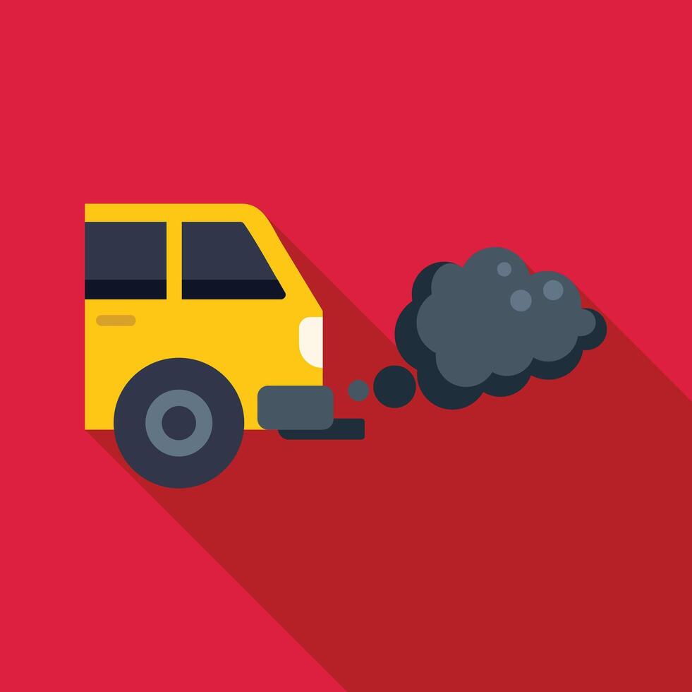 Yellow minivan emitting exhaust fumes, air pollution concept vector