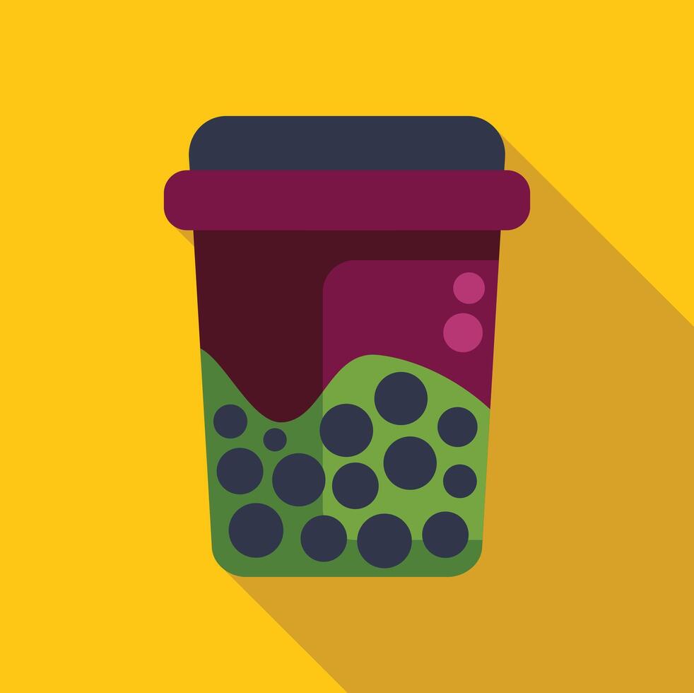 Disposable cup full of green smoothie with bubbles and purple lid vector