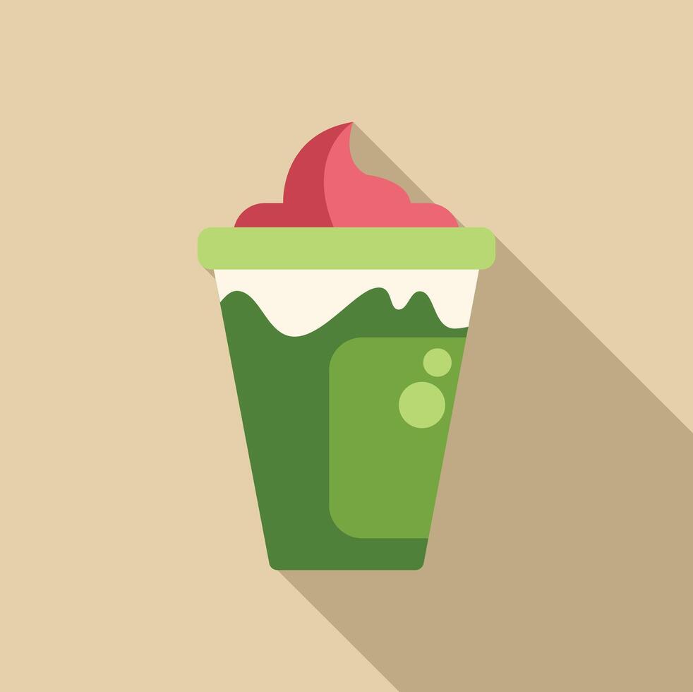 Green smoothie with cream being prepared in plastic cup with long shadow vector