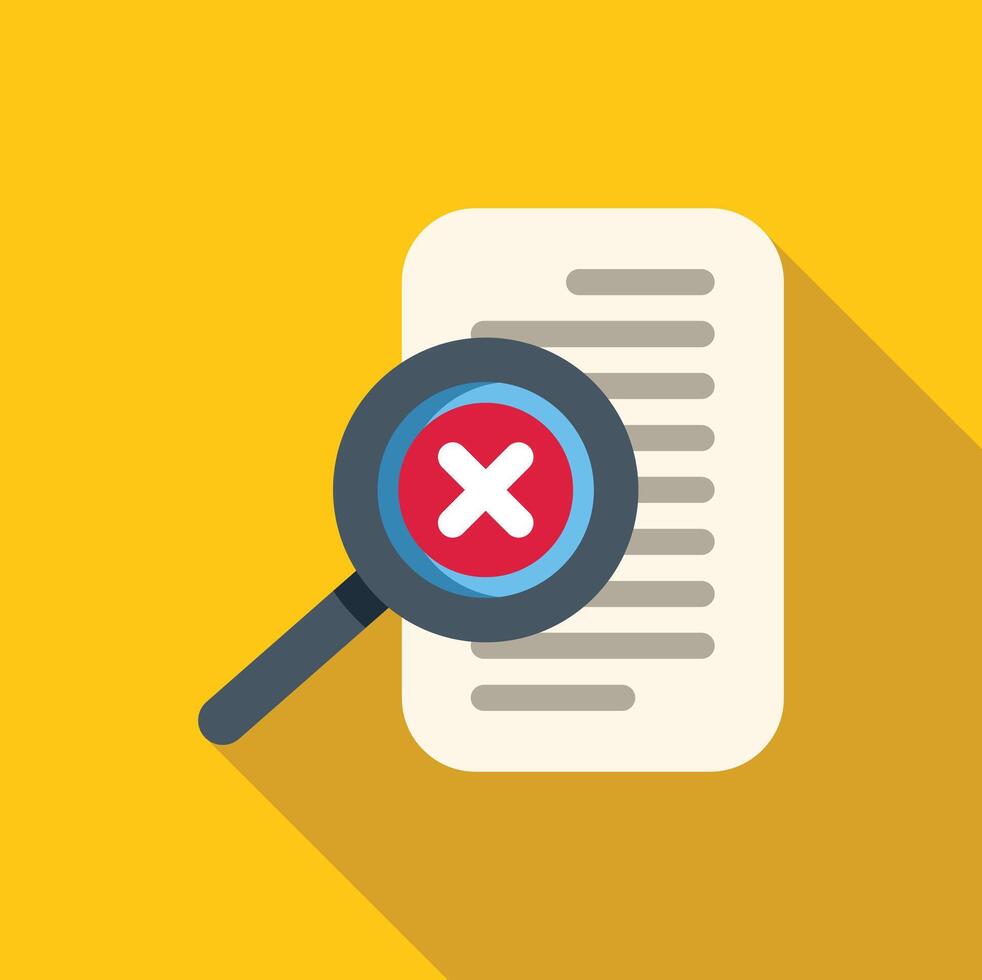 Magnifying glass is detecting an error in a document with a red cross symbol vector