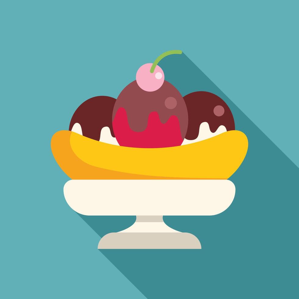 Banana split dessert served on a plate with long shadow vector