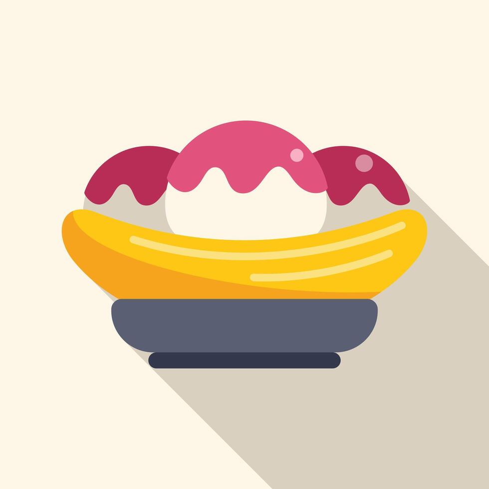 Banana split dessert sitting on plate with long shadow vector
